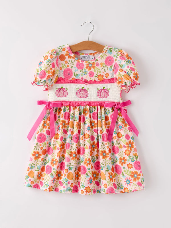 autumn-halloween-thanksgiving-pumpkin-embroidery-smock-floral-girls-dress Rylee Faith Designs - Sophia's StyleDress-1